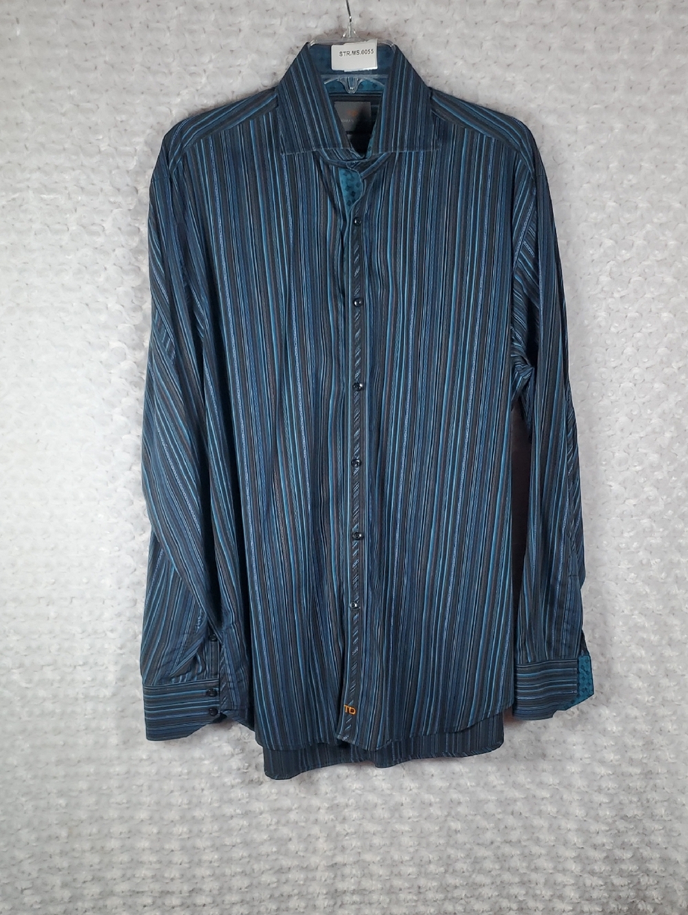 Thomas Dean Vertical Blue Striped Dress Shirt